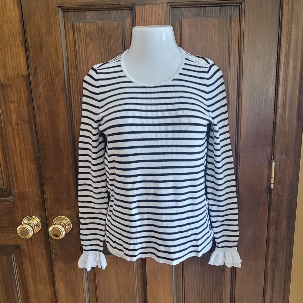 White House Black Market Black & White Striped Sweater with Ruffle Cuffs P2P 17